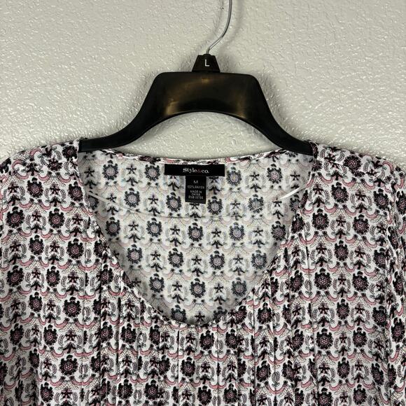 Style&Co Size Medium White Paisley Boho Bell Sleeve Round Neck Tunic Blouse Top - Picture 2 of 8